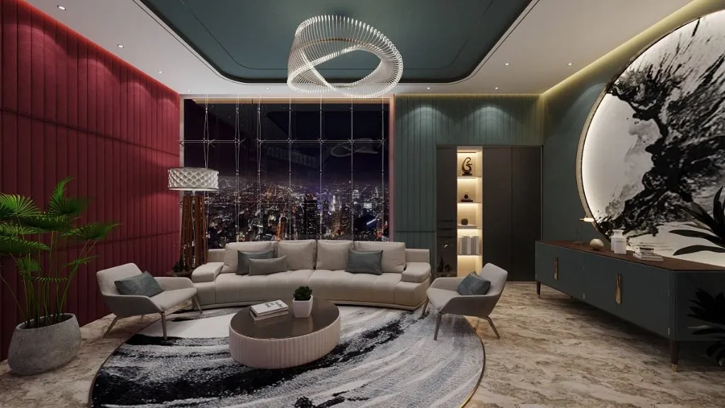 Condo living room with a burgundy panelled wall, curved grey sofas, a round patterned rug and floor to ceiling windows over a city at night